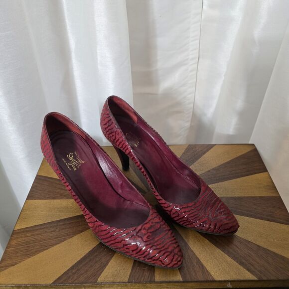 Smyth Bros Women 8.5N Textured Point Toe Leather Classic Pumps Red Italy Vintage - Picture 2 of 11
